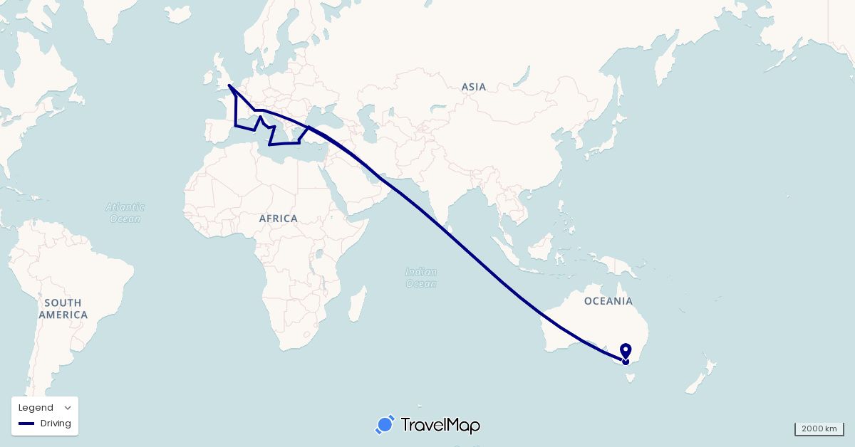 TravelMap itinerary: driving in United Arab Emirates, Australia, Spain, France, United Kingdom, Greece, Italy, Malta, Turkey (Asia, Europe, Oceania)